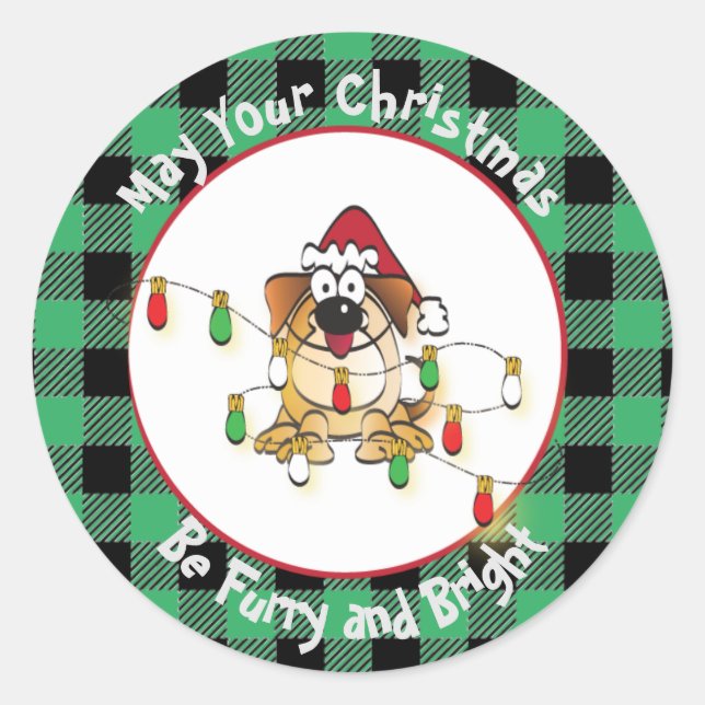 Christmas Dog Cartoon Funny Drawing Santa Hat  Classic Round Sticker (Front)