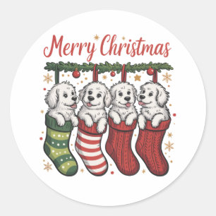 Christmas Dog Cute Puppies in Stockings Retro Xmas Classic Round Sticker