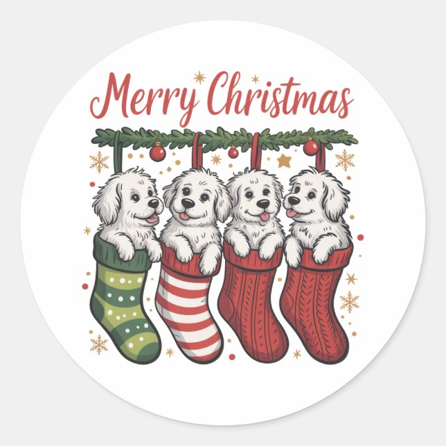 Christmas Dog Cute Puppies in Stockings Retro Xmas Classic Round Sticker (Front)