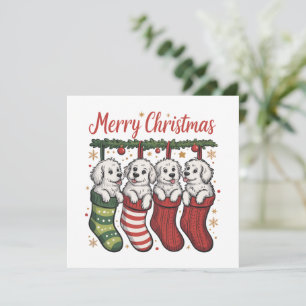 Christmas Dog Cute Puppies in Stockings Retro Xmas Holiday Card