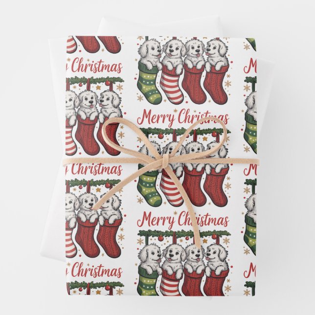 Christmas Dog Cute Puppies in Stockings Retro Xmas Wrapping Paper Sheet (In situ)