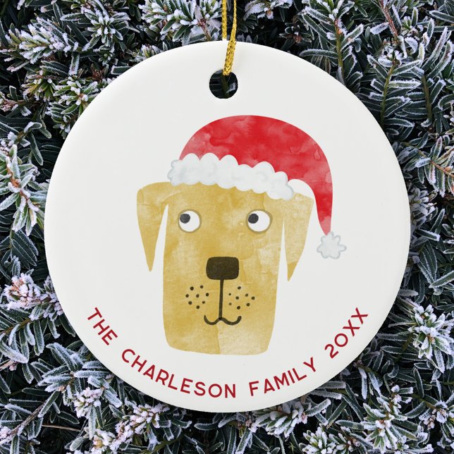Christmas Dog Family Name Date Ceramic Tree Decoration (Golden yellow labrador retriever dog in a Santa hat personalized family name date ceramic ornament)