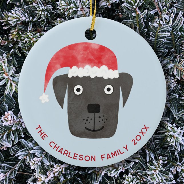 Christmas Dog Family Name Date Ceramic Tree Decoration (Black labrador retriever dog in a Santa hat personalized family name date ceramic Christmas ornament)