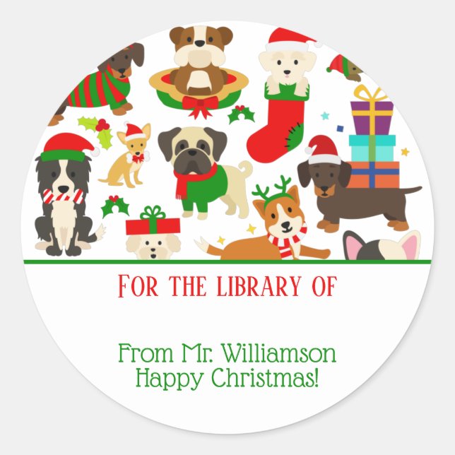 Christmas Dog For The Library Of Bookplate Classic Round Sticker (Front)