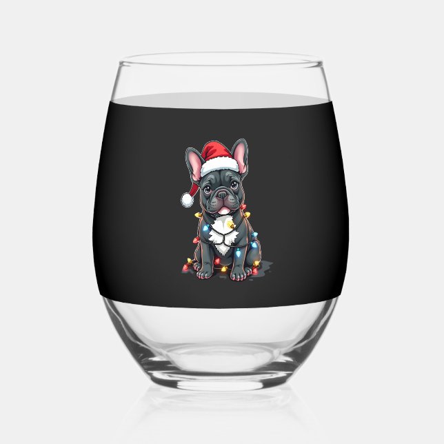 Christmas Dog French Bulldog Xmas Frenchie 3 Stemless Wine Glass (Front)