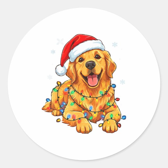 Christmas Dog Golden Retriever Lights Xmas  Classic Round Sticker (Front)