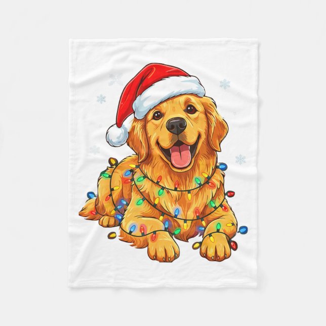 Christmas Dog Golden Retriever Lights Xmas  Fleece Blanket (Front)