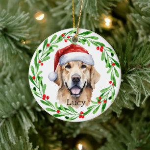 Christmas Dog Golden Retriever Santa Holiday Ceramic Tree Decoration