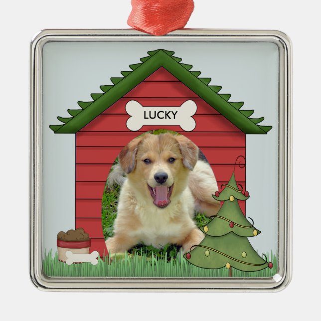 Christmas Dog House Photo & Name Metal Tree Decoration (Front)