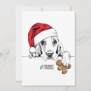 Christmas Dog In Santa Hat Holding Gingerbread Man Holiday Card