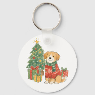 Christmas Dog in Sweater with Christmas Tree Key Ring