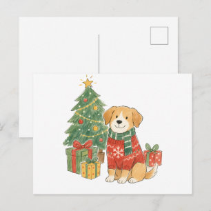 Christmas Dog in Sweater with Christmas Tree Postcard