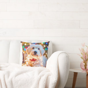 Christmas Dog In Tangled In Lights Cushion