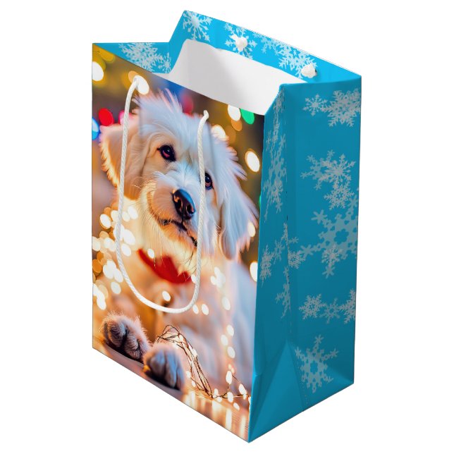 Christmas Dog In Tangled Lights Medium Gift Bag (Front Angled)
