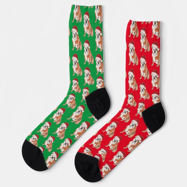 Christmas Dog Lover Bull Dog Pattern Fun Red Green Socks (Left)