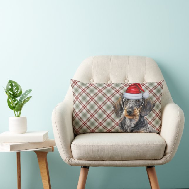 Christmas Dog Lover Wire Coated Dachshund Plaid Lumbar Cushion (Chair)