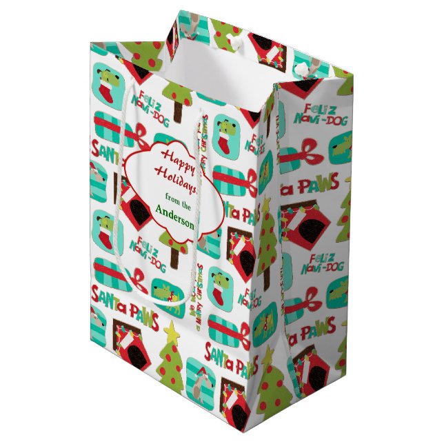 Christmas Dog Pattern Personalised Medium Gift Bag (Front Angled)