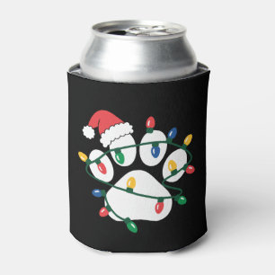 Christmas Dog Paw Print Santa Hat Lights Xmas Pet Can Cooler
