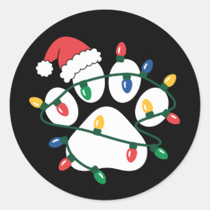 Christmas Dog Paw Print Santa Hat Lights Xmas Pet Classic Round Sticker