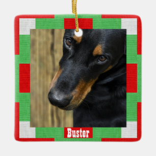 Christmas Dog Pet Photo Name Red Green Square Ceramic Ornament