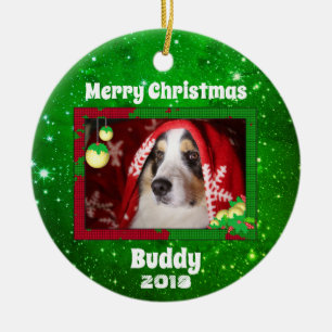 Christmas Dog Pet Photo Name Year Green Ceramic Tree Decoration