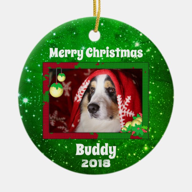 Christmas Dog Pet Photo Name Year Green Ceramic Tree Decoration (Front)