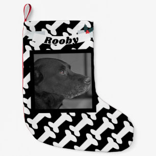 Christmas Dog Photo Black & White Bones Name Cute Small Christmas Stocking