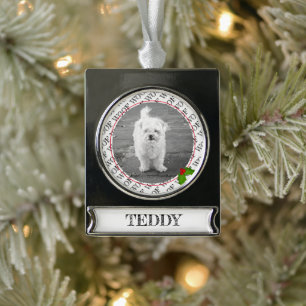 Christmas Dog Photo NAME Woof Typography Holly Fun Silver Plated Banner Ornament