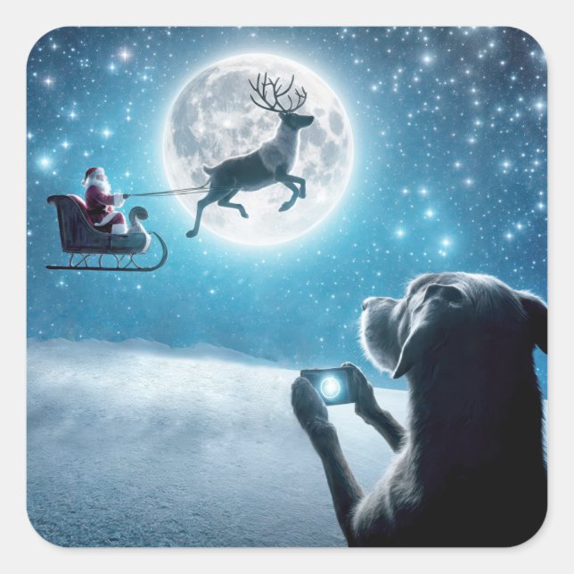 Christmas Dog Photographing Santa Claus In Sleigh Square Sticker (Front)
