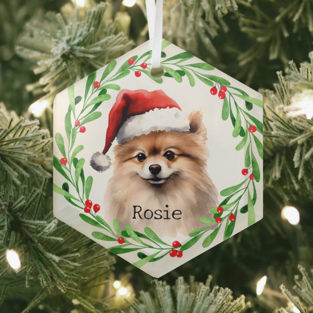 Christmas Dog Pomeranian Holidays Pet Glass Tree Decoration (Insitu)