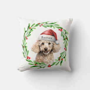 Christmas Dog Poodle Santa Hat Holiday Cushion