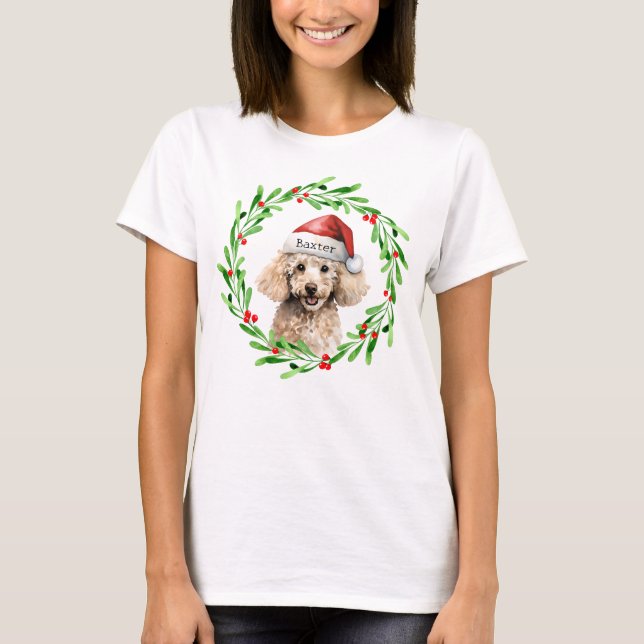 Christmas Dog Poodle Santa Hat Holiday T-Shirt (Front)