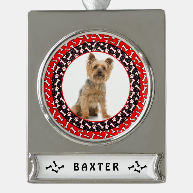 Christmas Dog Portrait Favourite Pet Photo Silver Plated Banner Ornament (Front)