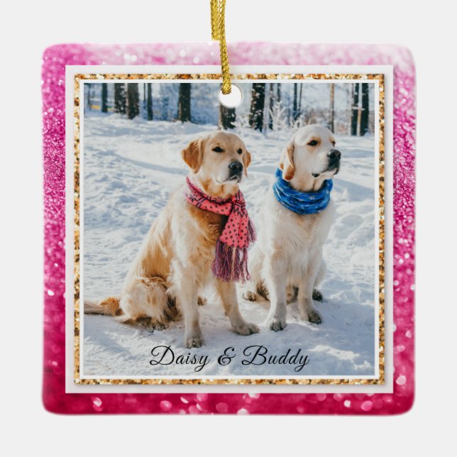 Christmas Dog Puppy Pet Purple Glitter Name Photo Ceramic Ornament (Front)