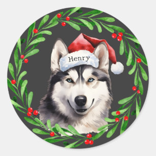 Christmas Dog Siberian Husky Santa Hat Holiday Classic Round Sticker