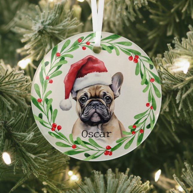 Christmas Dog Tan Frenchie French Bulldog Pet Glass Tree Decoration (Insitu)