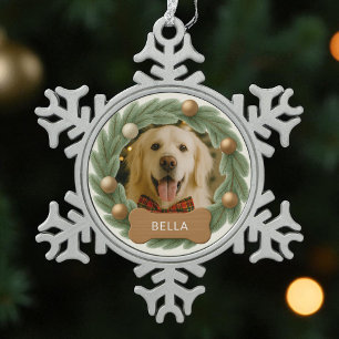 Christmas Dog Text Photo Wreath Name Holiday  Snowflake Pewter Christmas Ornament