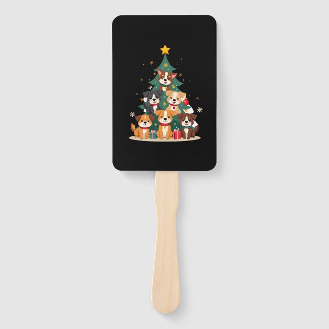 Christmas Dog Tree T-Shirt Cute Funny Puppy Dogs X Hand Fan (Front)