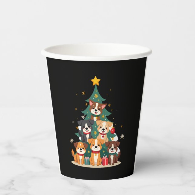 Christmas Dog Tree T-Shirt Cute Funny Puppy Dogs X Paper Cups (Front)
