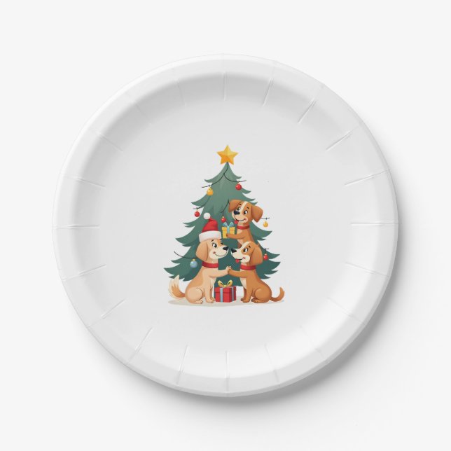 Christmas Dog Tree T-Shirt Cute Funny Puppy Dogs X Paper Plate (Front)