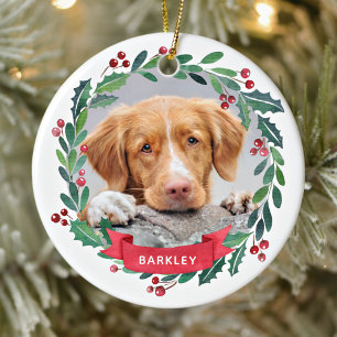 Christmas Dog Watercolor Wreath Personalised Photo Ceramic Tree Decoration