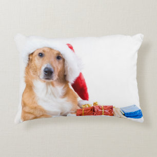 Christmas dog with antler and colourful gifts decorative cushion