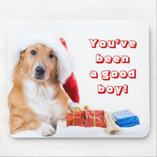 Christmas dog with antler and colourful gifts mouse mat