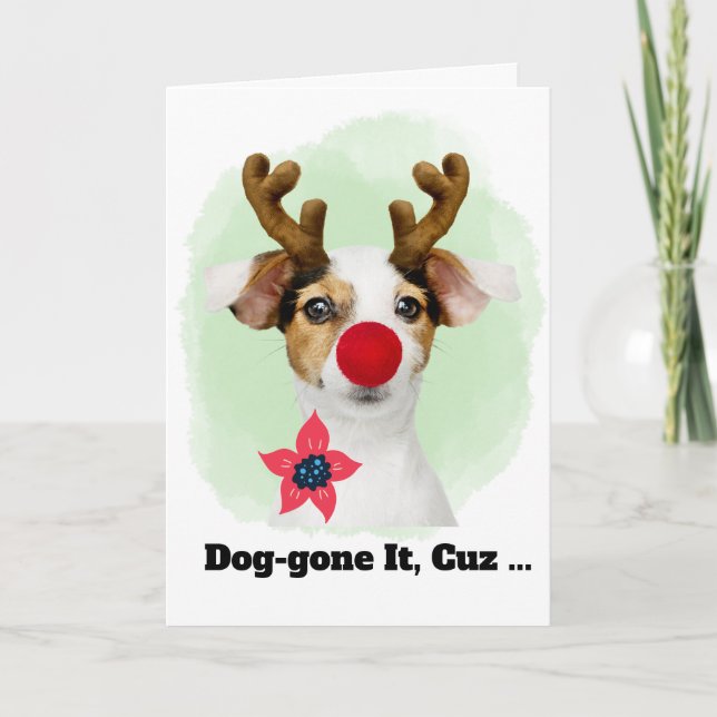 Christmas Dog with Antlers for Cousin Funny Holiday Card (Front)