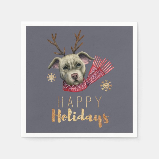Christmas Dog with Antlers, Happy Holidays Napkin (Front)
