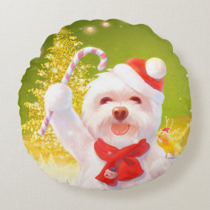 Christmas Dog with Candy Cane Round Cushion