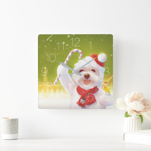 Christmas Dog with Candy Cane Square Wall Clock (Home)