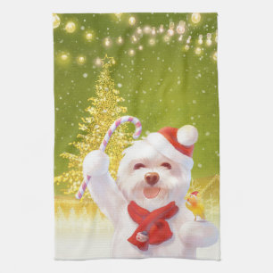 Christmas Dog with Candy Cane Tea Towel