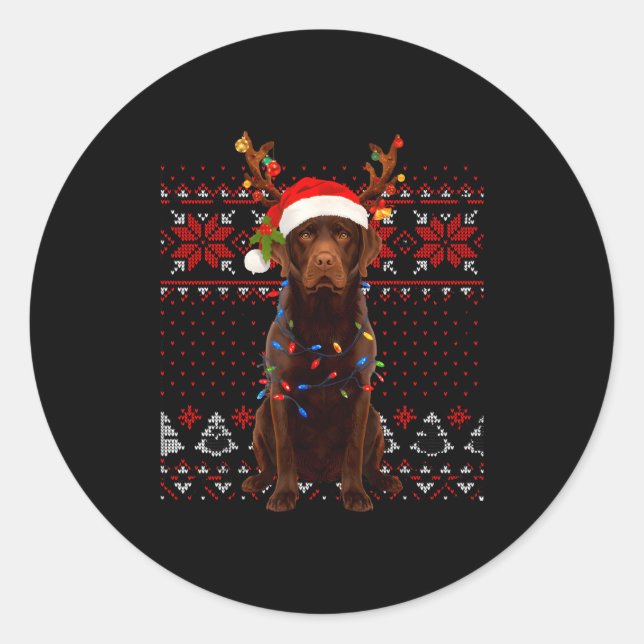 Christmas Dog With Hat And Lights - Funny Holiday  Classic Round Sticker (Front)