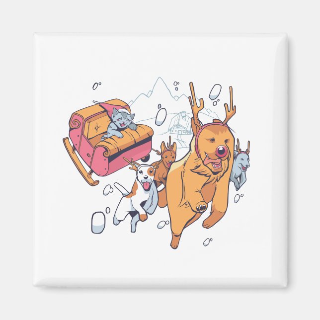 Christmas Dogs and Cat Sled Magnet (Front)